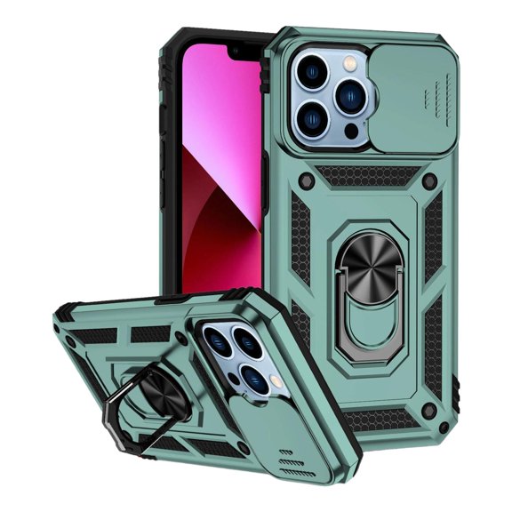 For iPhone 14 - Green Armoured Case With Ring Holder Stand Camera Shutter