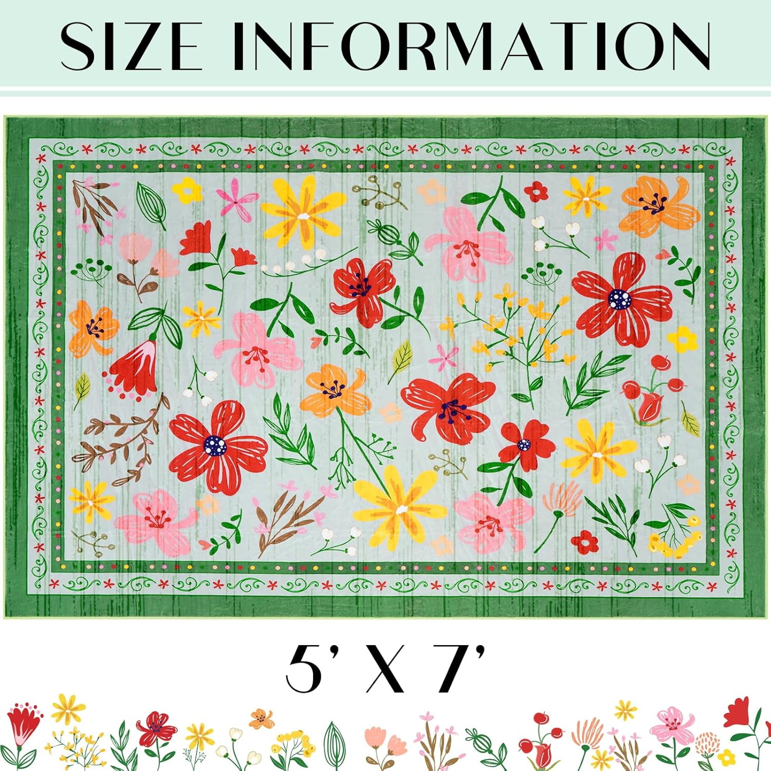 BLEUM CADE 5x7 Area Rug, Floral Rugs for Living Room, Lightweight Non Slip Washable Rug, Indoor Low Pile & Non-Shedding Vintage Rugs Carpet for Bedroom, Living Room, Dining Room, Green