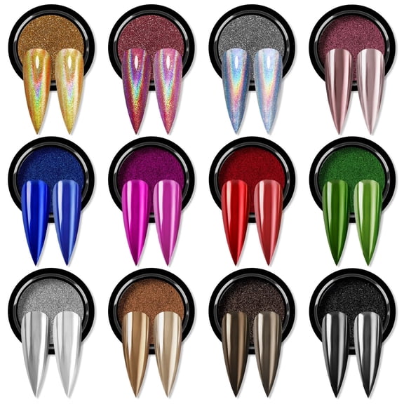 SAVILAND Chrome Powder for Nails - 12 Colors Holographic Metallic Mirror Effect Gold Red Chrome Powder Set for Gel Nail Polish and Builder Nail Gel