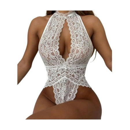

YCCOTO Womens Lace Halter Neck Bodysuit Lingerie Playsuit Sleepwear Babydoll See Through Nightwear Underwear