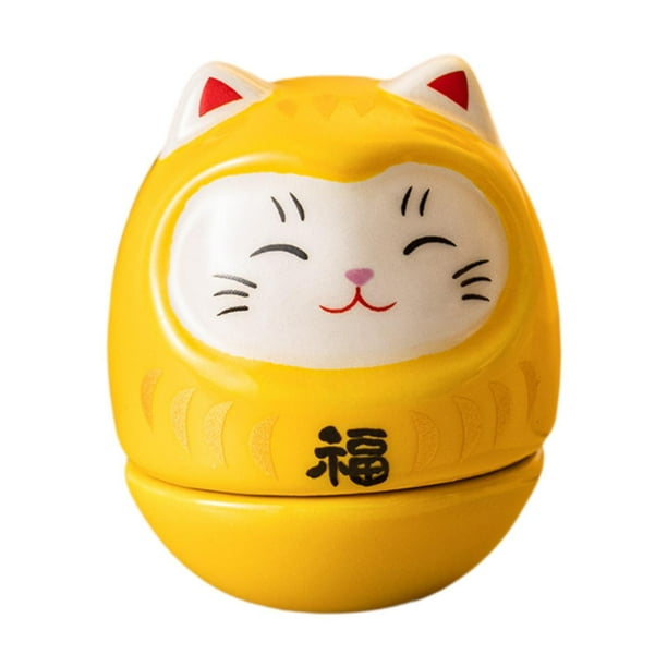 Figura de gato de la suerte de cerámica, 3,5 x 3,5 x 3,8 cm, ideal para la sala de estar. Amarillo