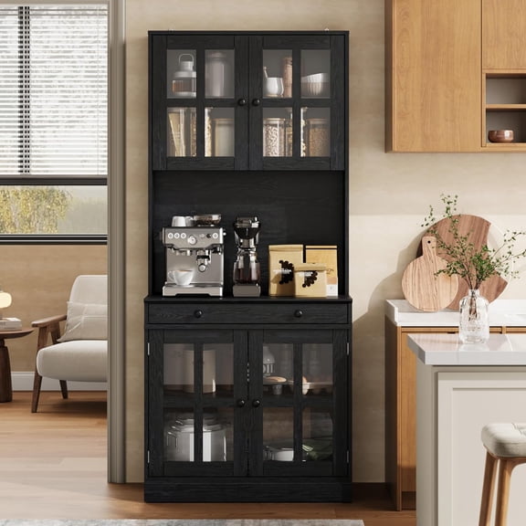 72" Kitchen Pantry Cabinet with Glass Doors & Drawer, Black | Adjustable Shelves, Open Countertop, Farmhouse Tall Storage Cabinet