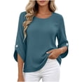 thumbnail image 2 of KTFgvq Women's Scoop Neck 3/4 Sleeve Blouses, Relaxed Fit Casual Tops, Solid Color Tees, Lightweight Linen for Vacation, Summer, Navy S, 2 of 7