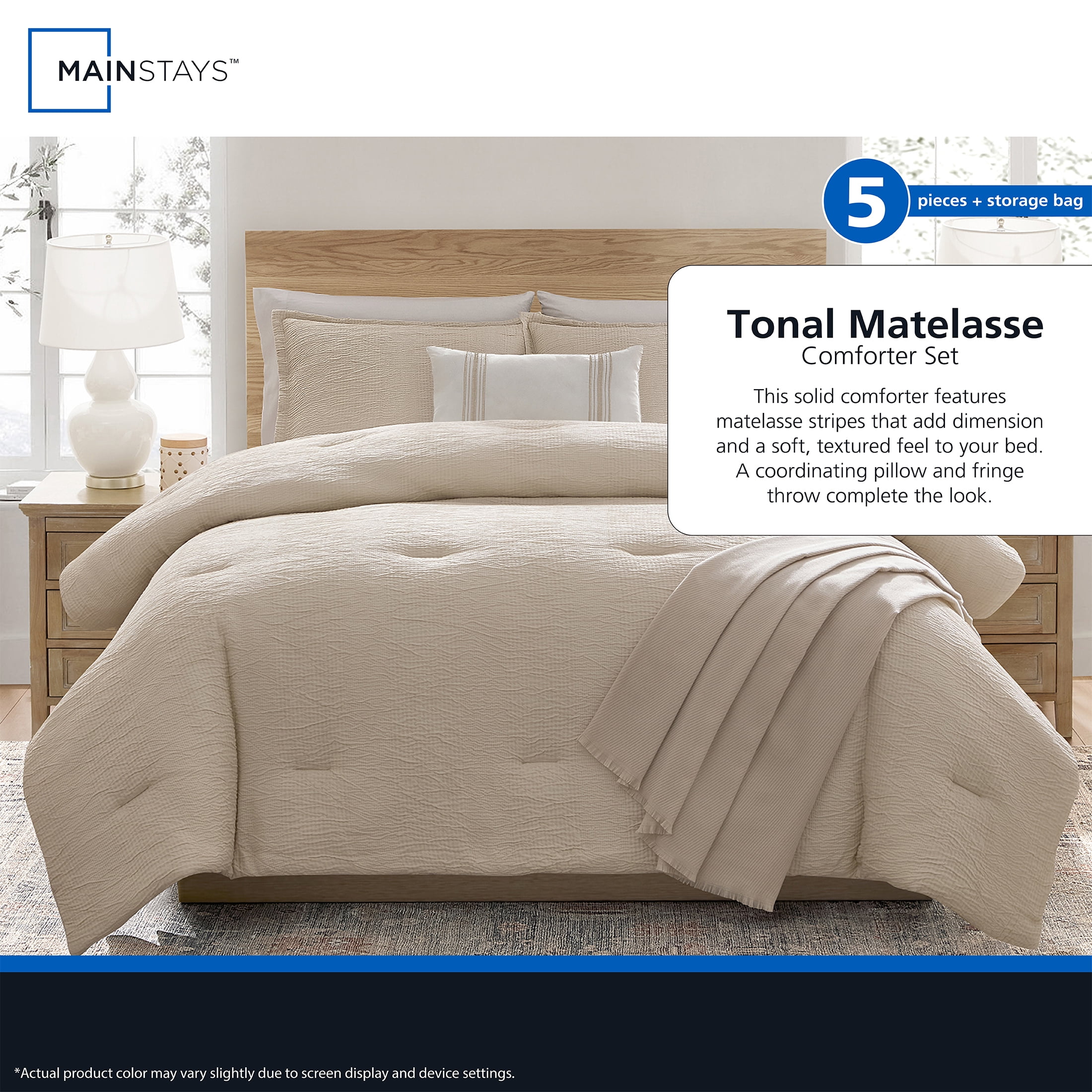 Mainstays Tonal 5-Piece Taupe Stripe Matelasse Comforter Set, Full/Queen