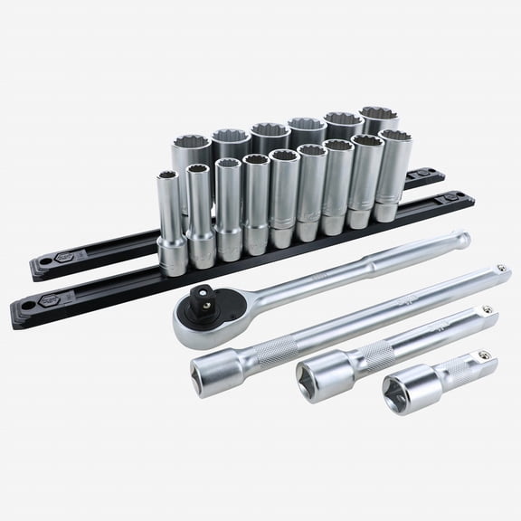 Wiha 33892 SAE Deep Socket Set, 12 Point 1/2" Drive with Ratchet and Extensions, 19 Pieces