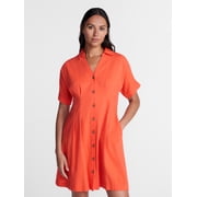 Women's Linen Blend Pleated Mini Shirtdress with Short Sleeves, Sizes XS-XXXL