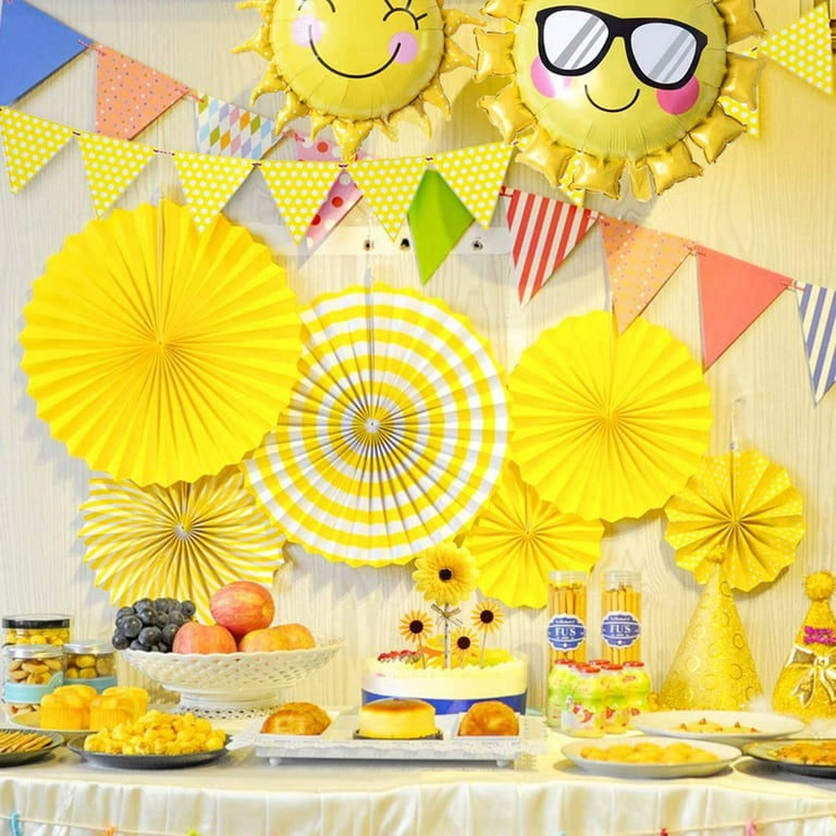 Sunshine Party Decorations Yellow Hanging Paper Fans Sunflower Cake Toppers  and Balloons for Sunny Summer Theme Party Birthday Baby Shower Supplies 