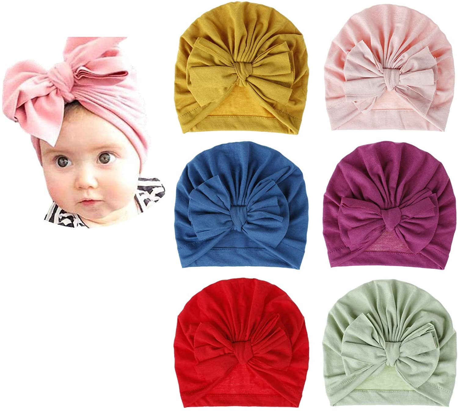 Soft Cotton Newborn Infant Toddler Hospital Hat Cotton Head Wrap,6 Pack Baby Turban Hat Baby Head Wraps with Bow