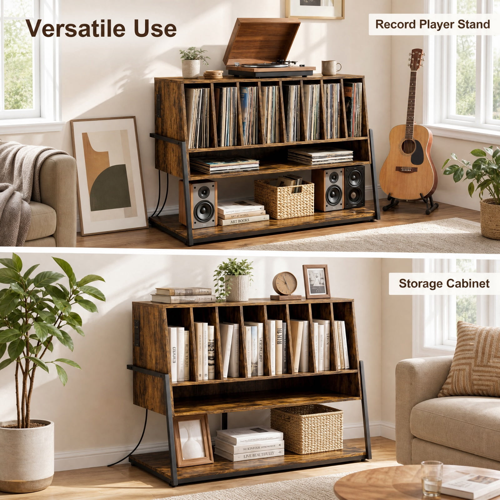 Furnibear Turntable Stand with Charging Station Vinyl Storage Shelves and Locking Wheels for Living Room Record Player Setup, Rustic Brown