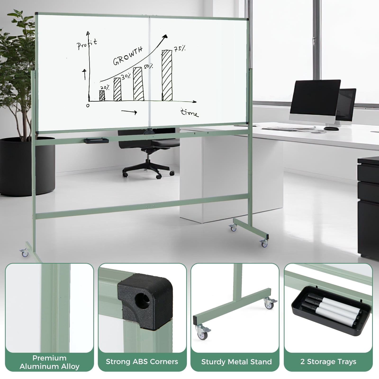 Costway 72" x 36" Double-Sided Magnetic Whiteboard with Stand and Aluminum Alloy Frame Green