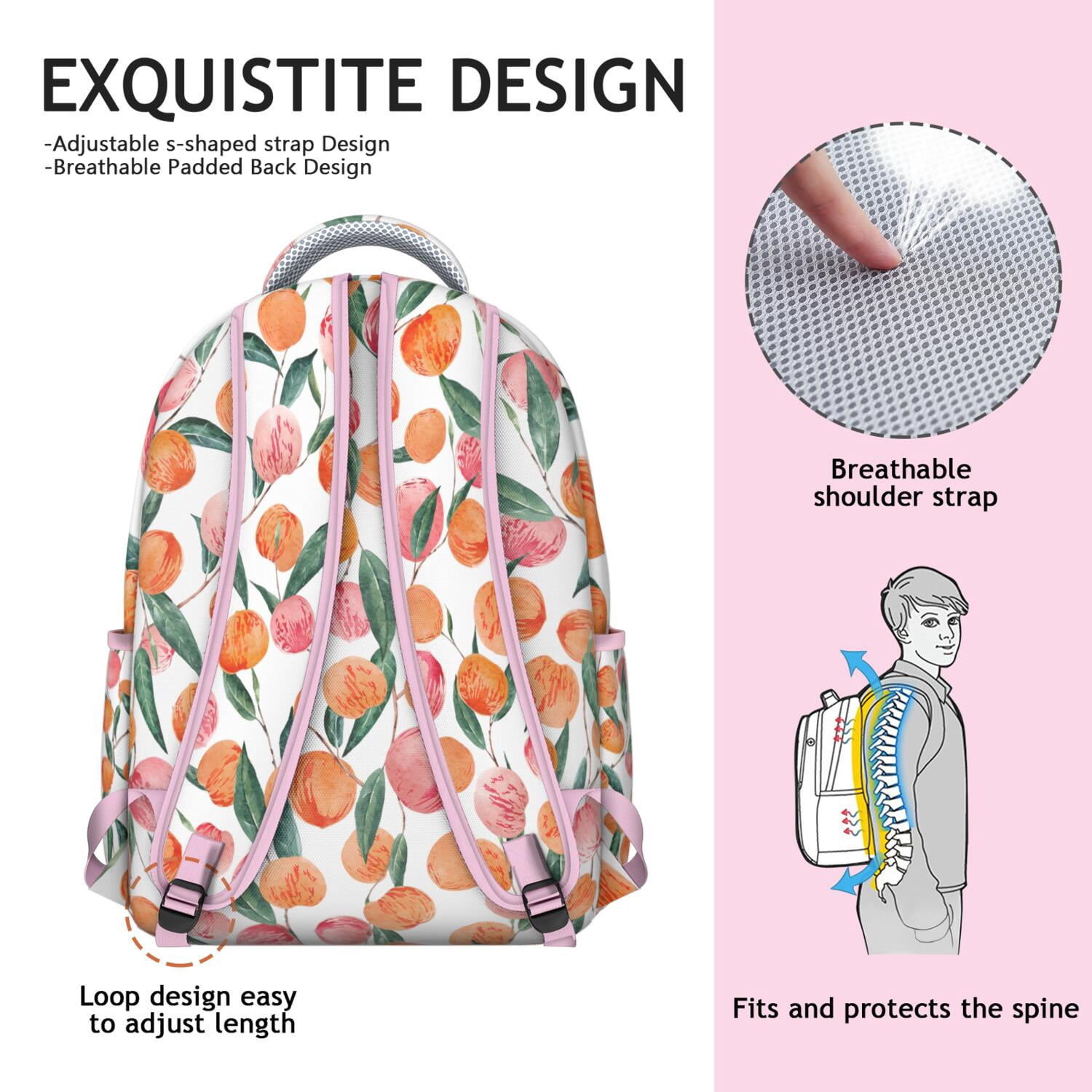 Peach Print Waterproof School Backpack - Ergonomic Student Bookbag with Padded Straps & Spinal Support, Kawaii Pink Fruit Pattern Design, Lightweight Durable Backpack for Teens, College, Commuters