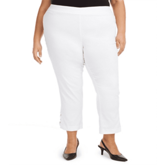 JM Collection Women's Plus Tummy Control Hardware Trim Slim Ankle Pants White Size 20W