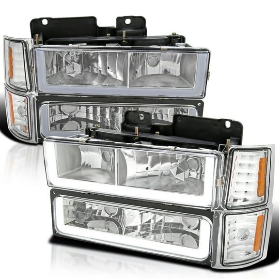 Spec-D Tuning Chrome Headlights Bumper Lights Corner Lights w/ LED Tube Compatible with 1994-1998 Chevy C10 C/K 1500/2500/3500, Left Right Pair Headlamps Assembly