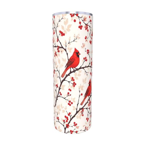 20oz Red Cardinal Bird Travel Tumbler with Handle and Straw Lid Berry Branch Insulated Car Coffee Cup Gift for Women with Straw