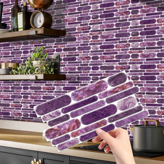 12Sheet Self Adhesive Purple Tiles Stickers 9.68 x 4.72inch Marbling Mosaic Wall Decals Waterproof Peel and Stick Kitchen Backsplash DIY Tile