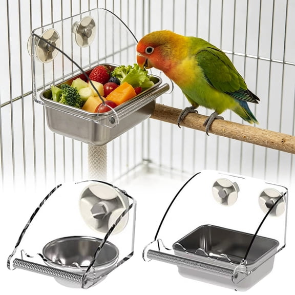 Spill-Proof Bird Feeder for Cage Chew-Proof Stainless Steel Hanging Birds Food Bowl with Acrylic Cover No-Mess Parrot Feeder for Lovebirds Parakeets Conures 5.9"