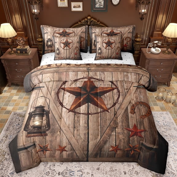 Manfei Texas Star Twin Bedding Sets 7-Piece for Teens Adults,Western Rustic Cabin Bedding Comforter Set Microfiber,Exotic Style Breathable Sheet Sets,Breathable Home Decor,Reversible