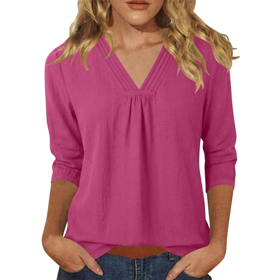 FAHXNVB Womens 3/4 Sleeve Cotton Linen T-Shirts V Neck Pleated Front Tees Tops Lightweight Breathable Fashion Casual Shirts