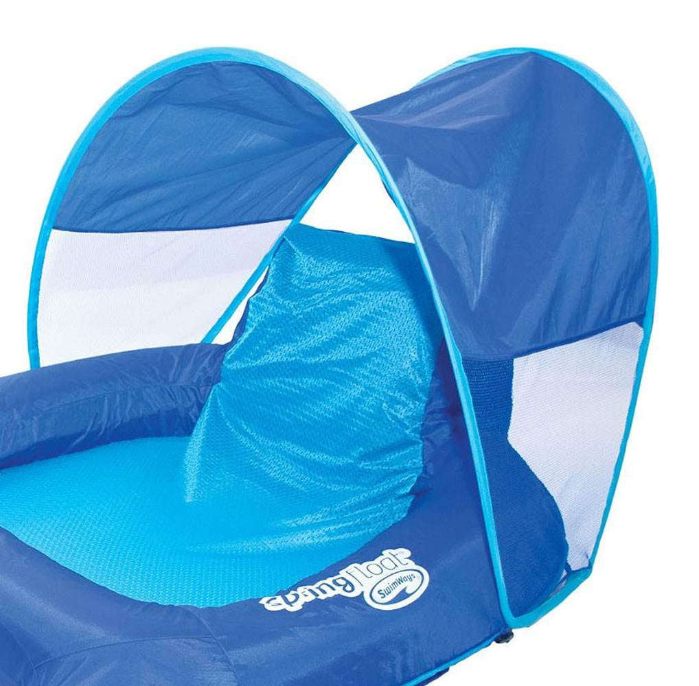 SwimWays Spring Float Recliner Pool Lounge Chair w/ Sun Canopy, Blue