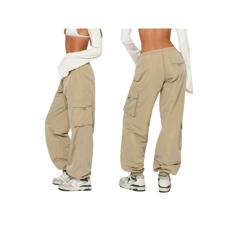 CenturyX Women's Cargo Jogger Pants, Hip Hop Joggers Sweatpants Drawstring  Casual Loose Wide Leg Pants with Multi-Pocket Khaki L