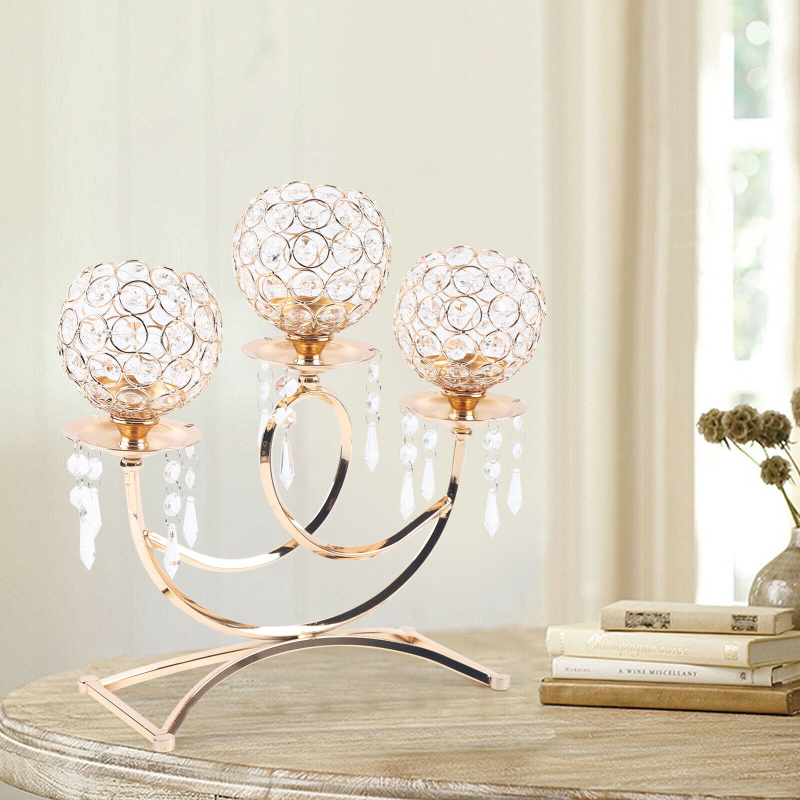 3 Arms Crystal Candle Holder Gold Table Centerpieces for Dining Room Table