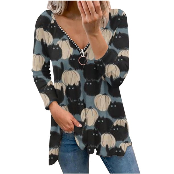 Moda mujer manga larga con cuello en V blusa de Halloween cremallera otoño casual Pullover Tops Fridja fjkfkj3730