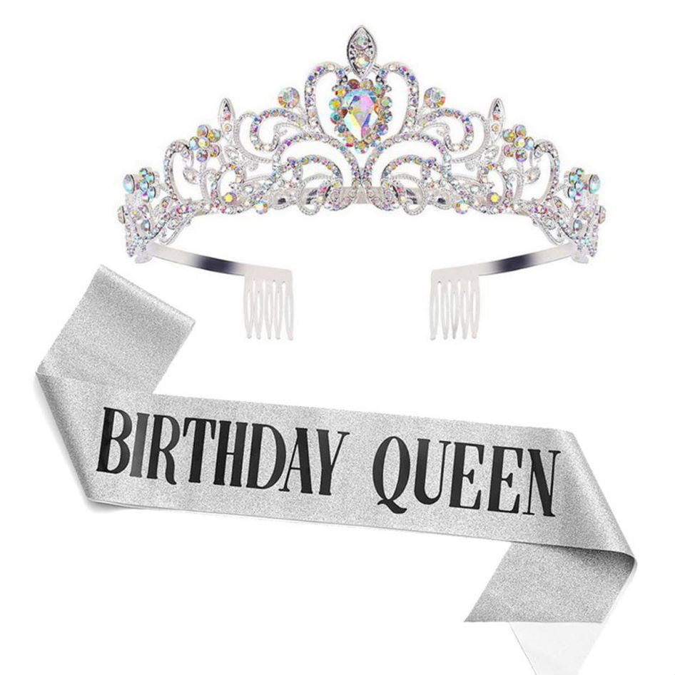 Happy Birthday Queen Tiara for Women Crown for Girls Tiaras Birthday Queen Crowns with Birthday Girl Sash Crowns for Women with AB Rhinestone Tiara for Women Birthday Tiara for Women Silver 