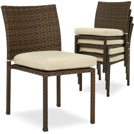 Round Wicker Chair Outdoor Best Choice Products Set of 4 Stackable Outdoor Patio Wicker Chairs w/ Cushions, UV-Resistant Finish, and Steel Frame, Brown ()