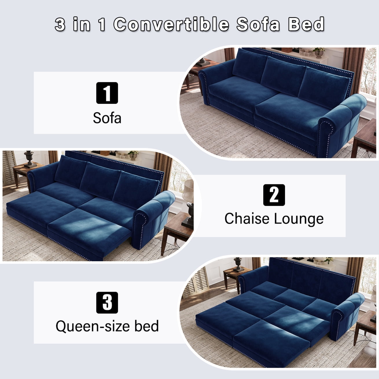 Luxurious 94" King Pull Out Sofa Bed, 3-in-1 Velvet Convertible Sleeper Sofa with Nailhead Trim, Rolled Arm & Deep Seat for Living Room, Blue