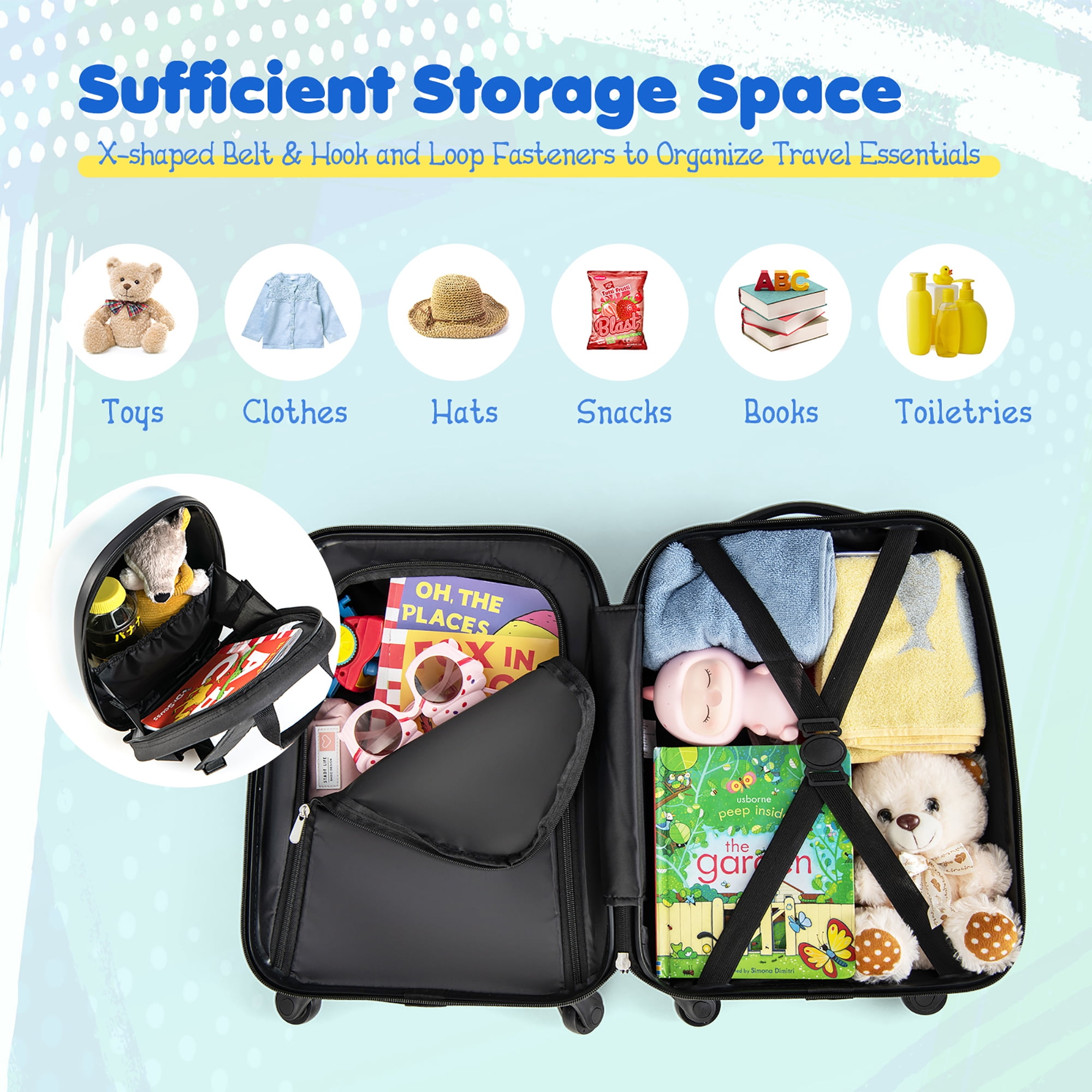 Costway 2PC Kids Carry On Luggage Set 12" Backpack and 16" Rolling Suitcase for Travel