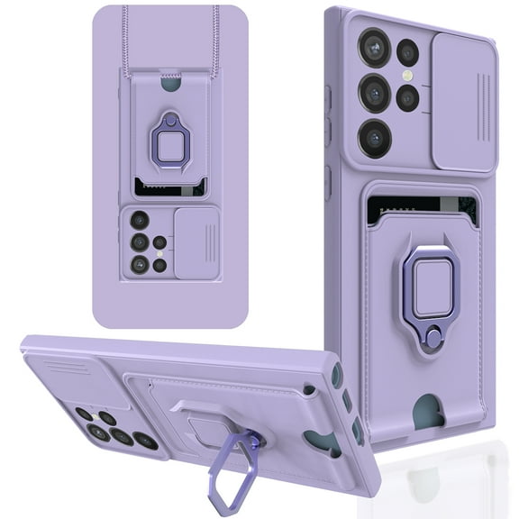 SaniMore For Samsung Galaxy S22 Ultra Case with Crossbody Strap & Card Holder Ring Kickstand Liquid Silicone Shockproof Slide Lens Camera Protective Magnetic Case for Galaxy S22 Ultra 6.8", Purple