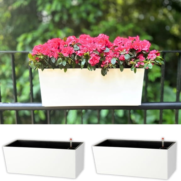 Rail Planter for Balcony Outdoor Pack) Large Self Watering Deck Railing Planters with Brackets Rectangular Plastic Fence Flower Box Designer Choice