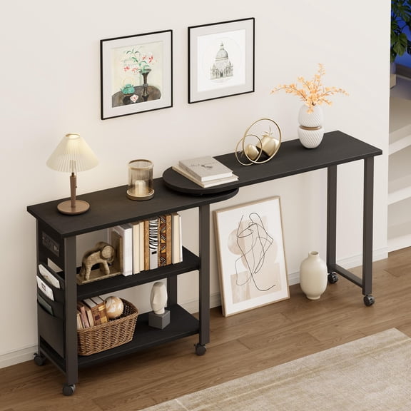Ataujin 360° Rotating End Table, Movable End Table with Wheels, Rotating Side Table Swivel End Table with Charging Station and Extra Storage Bag for Bedroom Living Room