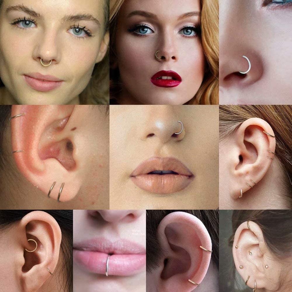 FUNLMO 316L Surgical Steel Hinged Nose Rings Hoop 20G 18G 16G 14G 12G Seamless Piercing Rings for Nose Septum Cartilage Helix Tragus Conch Rook Daith Lobe Diameter 6mm to 14mm 1Pc 