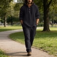 thumbnail image 2 of Nokdvo Mens Linen Outfit Fashion 2025 Elastic Waist Drawstring Hooded Sweatshirt Spring Summer Button Casual Henley Linen Set with Pocket,Black M, 2 of 4