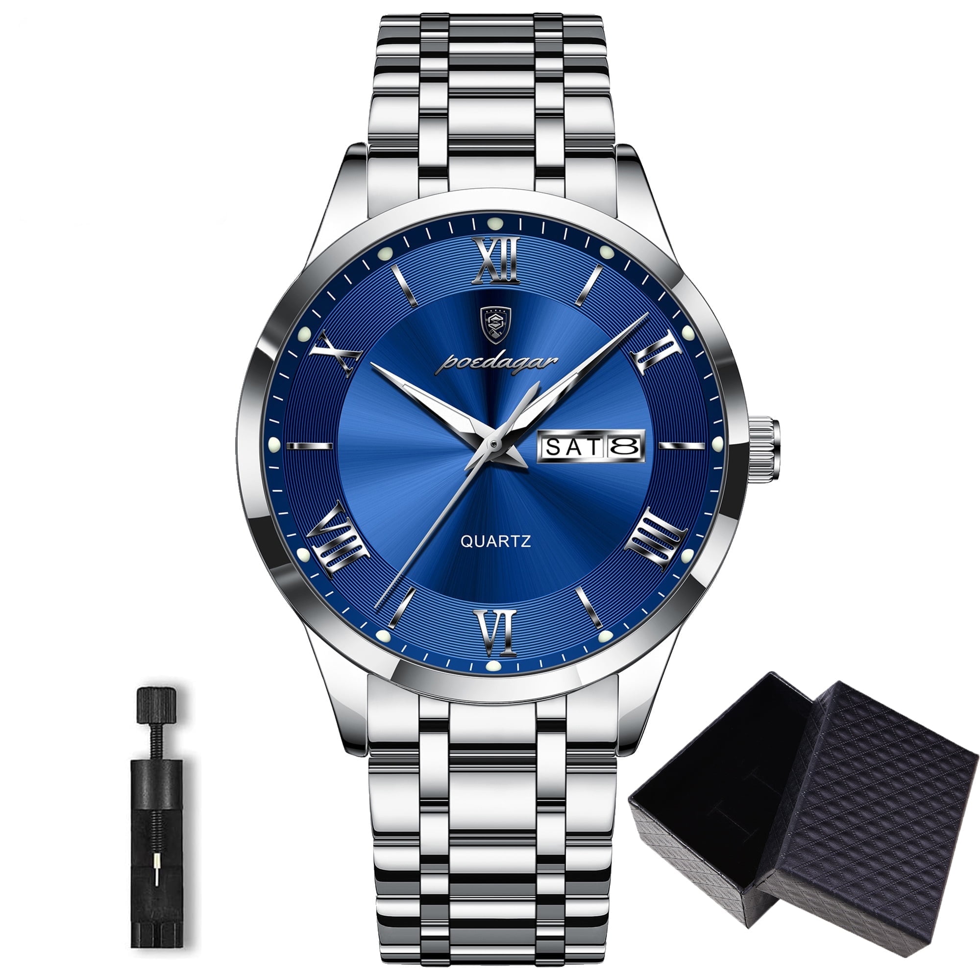 POEDAGAR Fashion Stainless Steel Men's Quartz Watches Waterproof Luminous Week Date Sports Man Wrist Watch