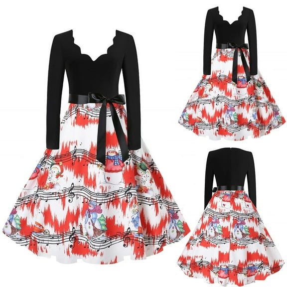 Woman Christmas Dresses V-Neck Christmas Dress Christmas Pleated Dress Long Sleeve Christmas Print Christmas Dress