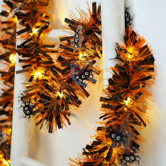 ASKETAM 32Ft Halloween Tinsel Garland with Lights, Spider Orange Foil Decor