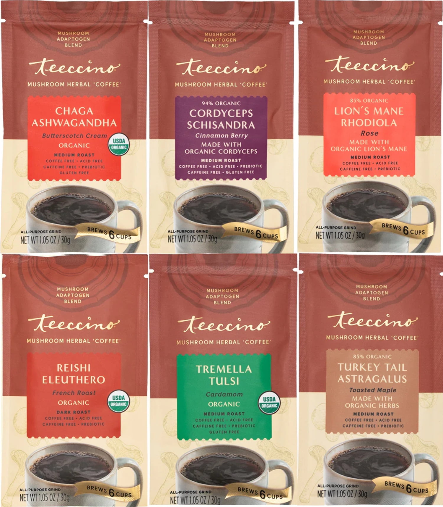 Teeccino Mushroom Adaptogen Herbal Coffee Sampler - 6 Trial-Size Packets, Medium Roast, Caffeine Free, Prebiotic