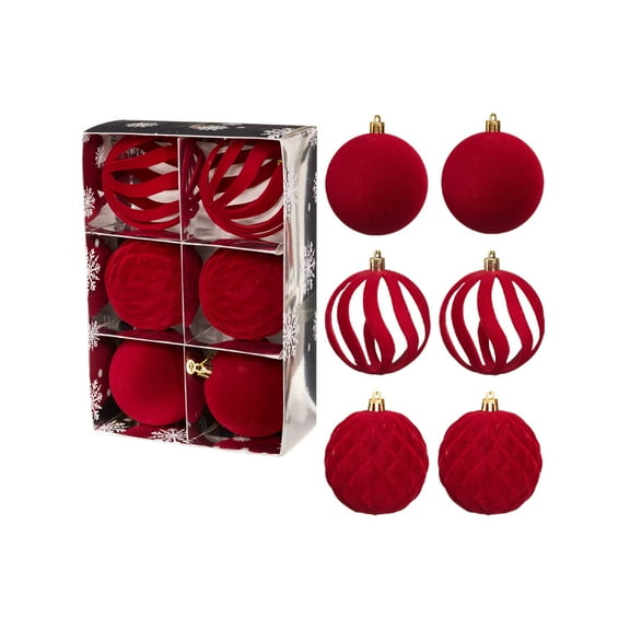 Ke1Clo Red Velvet Christmas Tree Ornaments, 3.15 Inch/80mm Large Flocked Christmas Ornaments Sets, 6Pcs Shatterproof Christmas Ball Ornaments for Christmas Tree Decorations