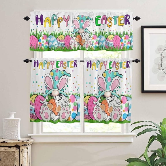 Kitchen Curtains Set, Spring Easter Gnomes Kitchen Curtains and Valances Set, Colorful Eggs Watercolor Polka Dots Rod Pocket Tier Curtains 24 Inch Length for Cafe/Bedroom Windows