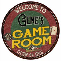 Gene's Game Room 12" Round Metal Sign Bar Kitchen Red Wall Décor 200120032061