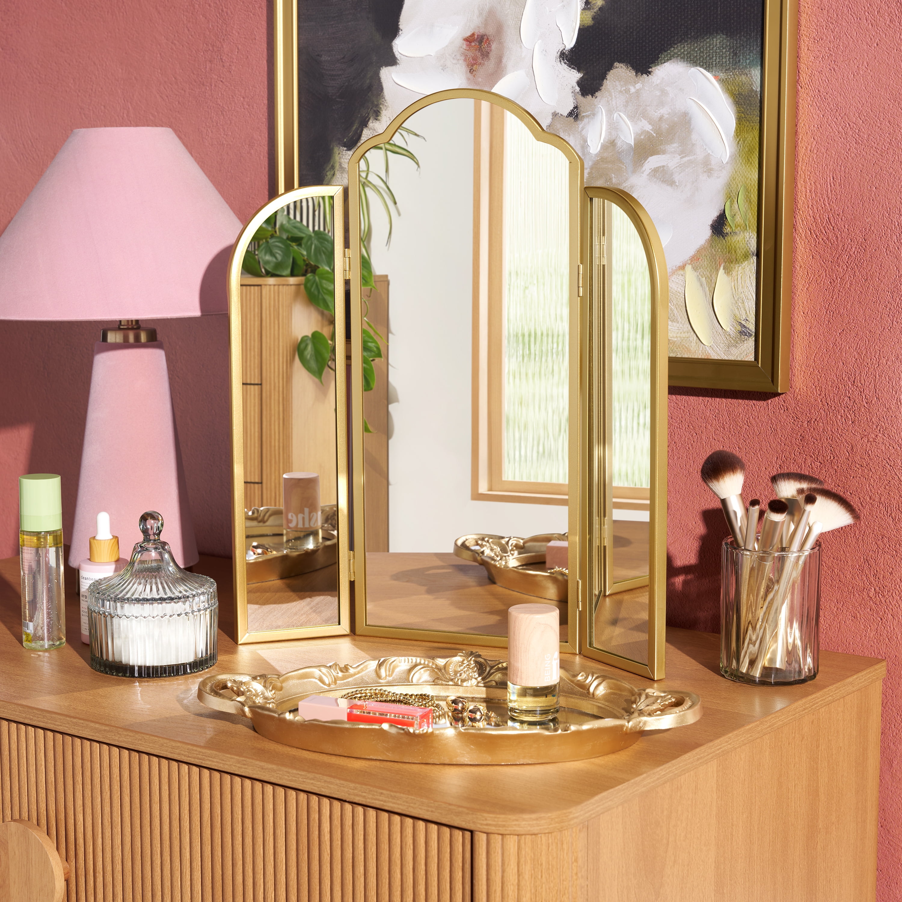 green emerald velvet dress Gold Triple Edge Foldable Table Mirror