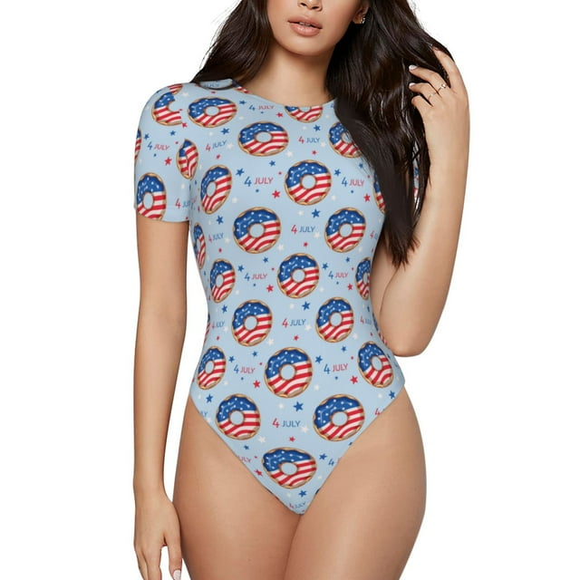 Fotbe Donut with the USA Fag Body de Mujer con Cuello Redondo y Mangas Cortas, Sin Mangas Ajustado, Suave, Cómodo y Básico-Small