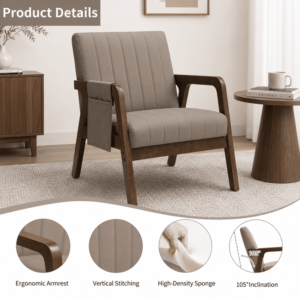 MOONMISS PU Leather Accent Chair,Mid-Century Modern Wood Frame Arm Chair with Side Pocket Cushioned Sofa,Brown
