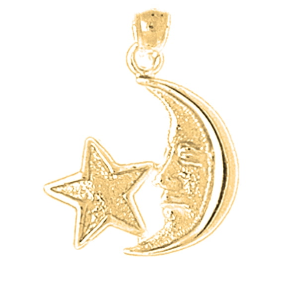 18K Yellow Gold Moon With Star Pendant - 22 mm