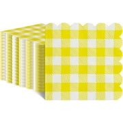 120 Pcs Yellow Gingham Napkins, Scalloped Yellow Cocktail Napkins Dispoable Plaid Picnic Napkin for Birthday, Tea Party, 5 x 5 Inches