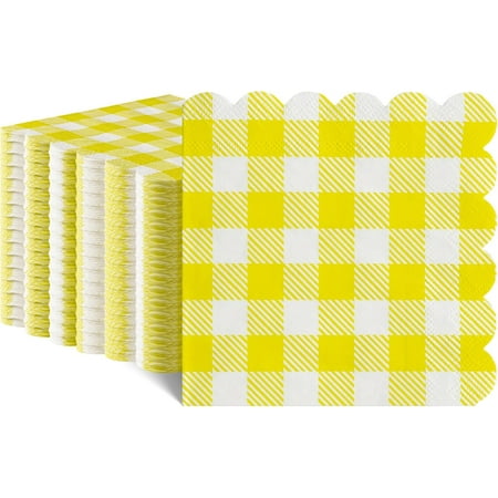 120 Pcs Yellow Gingham Napkins, Scalloped Yellow Cocktail Napkins Dispoable Plaid Picnic Napkin for Birthday, Tea Party, 5 x 5 Inches