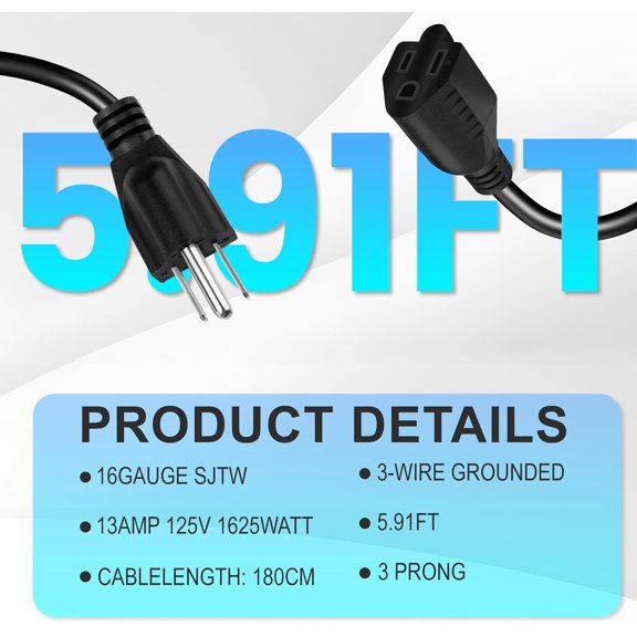 GHRTGR-Short Power Extension Cord,16AWG/13A,Outlet Saver, 3 Prong Male Plug to Female Socket Heavy Duty Power Extension Cable (6FT/1.8M)