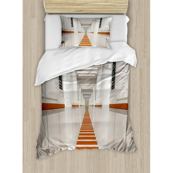 Outer Space Duvet Cover Set, Spacelaunch Spaceship Futuristic Interior Corridor Mars Planet World Image, Decorative 2 Piece Bedding Set with 1 Pillow Shams, Twin Size, White and Red, by Ambesonne